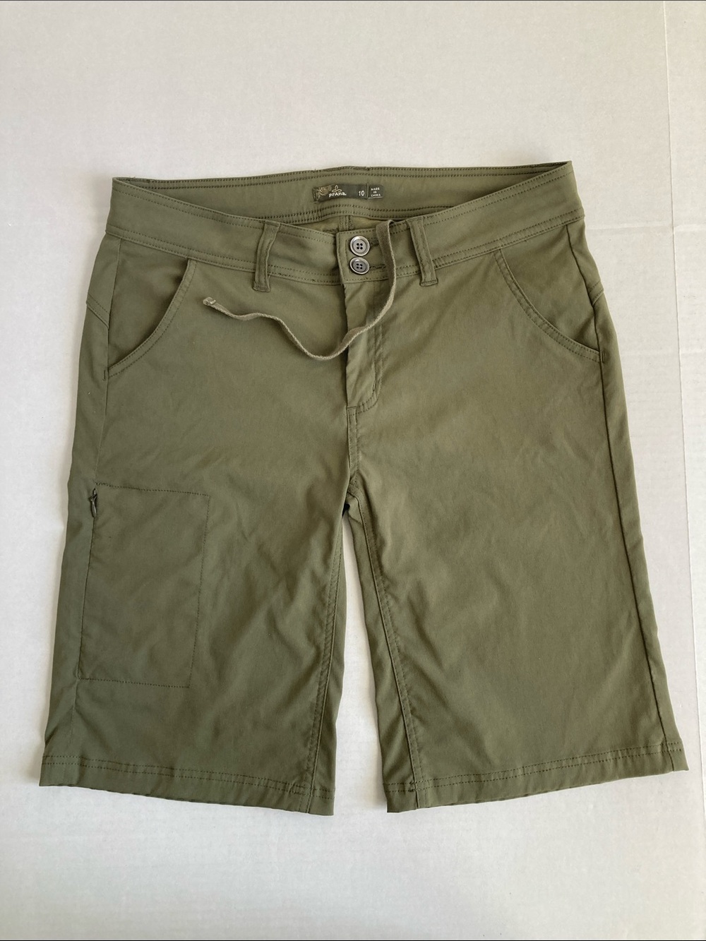 Prana Olive Green Women's Bermuda Shorts with Side Utility Pocket